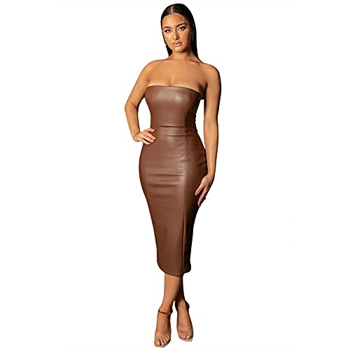 XLLAIS Sexy trägerloses Midi-Kleid für Damen, schulterfrei, figurbetont, sexy Party-Kunstlederkleid, Braun, Mittel von XLLAIS