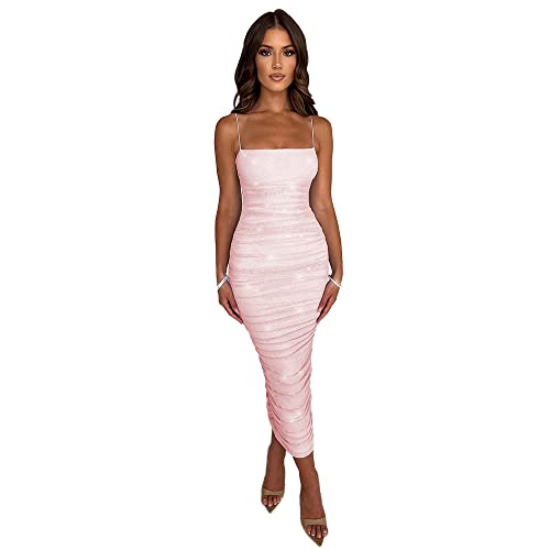 XLLAIS Spaghetti-Träger-Mesh-Glitzer-Rüschen-Clubwear-Maxi-Kleid, Pink, Klein von XLLAIS