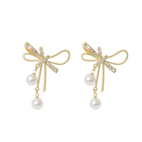 Ohrringe Perle Schleife baumeln Ohrringe für Frauen Strass Blume koreanischer Stil Ohrringe Mädchen Temperament Schmuck Geburtstagsgeschenke von XLTEAM