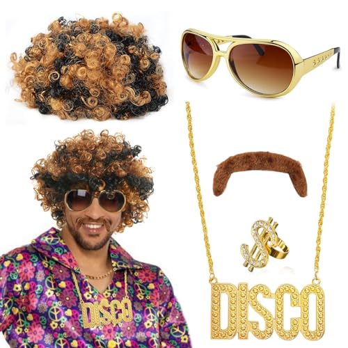 XLZJYIJ 5er Perücke Kostüm Set, Hippie Perücke Herren, Afro Perücke Blond Mix Schwarz Sonnenbrille Halskette Schnurrbart Ring, 70er 80er Jahre Perücke Disco Hippie Kostüm Set von XLZJYIJ