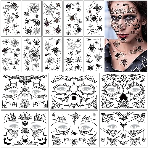 Halloween Spinnen Tattoos, 6 Blätter Halloween Gesicht Tattoos Mit 10 Blätter Spinnen Gesichtsaufkleber, Gesicht Spinne Tattoo Aufkleber, Halloween Tattoo Aufkleber für Karneval Mottoparty Maskerade von XLZJYIJ