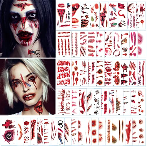 Halloween Tattoo Narben, Halloween Temporäre Tattoos 60 Blatt, Halloween Narben Kratzer Tattoo Aufkleber, Blut Gefälschten Scab Tattoo Sticker, Halloween Zombie Scars Tattoos Aufkleber von XLZJYIJ