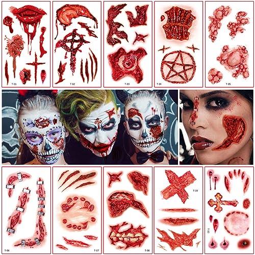 Halloween Narben Tattoos, 10 Blätter Narben Tattoo Aufkleber, Temporäre Tattoos Halloween, Temporäre Wunde Tattoos, Tattooaufkleber Wasserdichte für Halloween Cosplay Maskerade (T) von XLZJYIJ