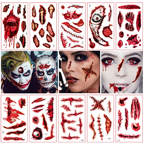 Narben Tattoos Halloween, 10 Blatt Temporäre Wunde Tattoos, Zombie Gesichtstattoo, Tag der Toten Tattooaufkleber, für Halloween Masquerade Karneval Party Punk Geschen, wasserdicht von XLZJYIJ