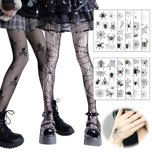 XLZJYIJ Netzstrumpfhose Schwarz Halloween, 2 Paar Netzstrumpfhose Totenkopf Spinnen mit 10 Blätter Spinne Gesichtstattoos, Schwarze Spinnennetz Strumpfhose für Karneval - Karneval Spinnenkostüm Damen von XLZJYIJ