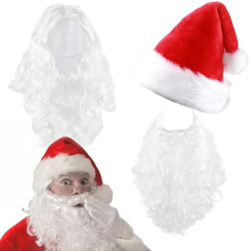 Weihnachtsmann Perücke + Weihnachtsmann Bart +Weihnachtsmann Mütze, Weiße Santa Beard und Perücke Set, Weihnachtsmütze für Erwachsene, 3 in 1 Kostümzubehör von XLZJYIJ