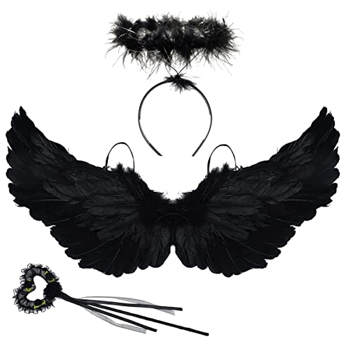 XLZJYIJ Engel Flügel mit Schwarz, Engel Kostüm mit Heiligenschein und Zauberstab, 60CM Schwarz Engel Kostüm Damen,Engels Flügel Kostüm Federn als Engelsflügel Deko für Cosplay Party Fasching von XLZJYIJ