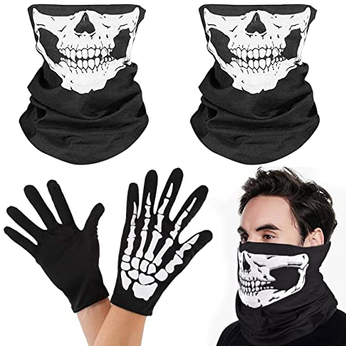 XLZJYIJ Schädel Gesichtsmaske, 2 Stück Halloween Skelett Maske 1 Stück Skelett Handschuhe, Totenkopf Maske Schwarz, Multifunktionstuch für Halloween, Outdoor Aktivitäten, Motorradmaske Damen Herren von XLZJYIJ