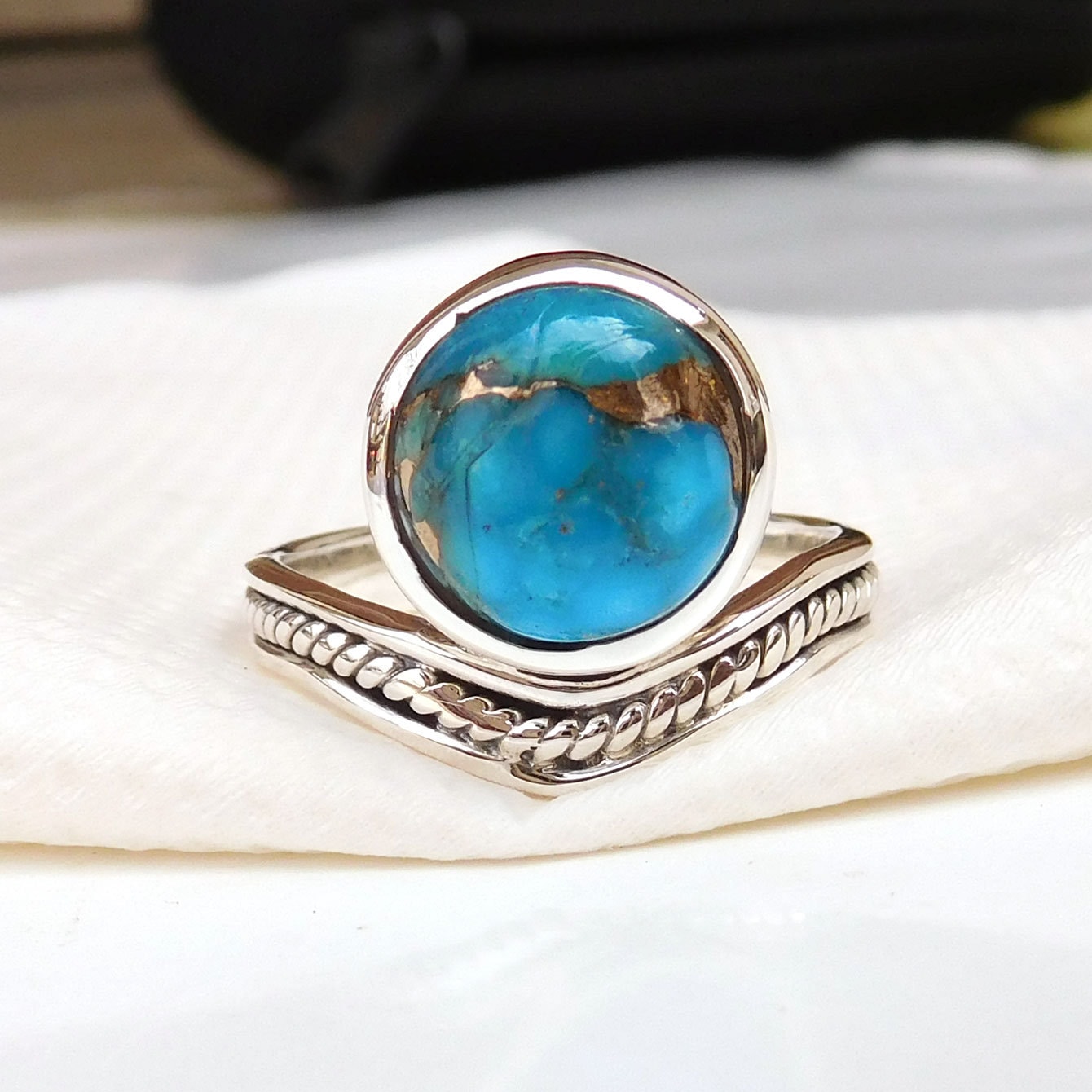 Blauer Türkis Kupferring Handgemachtes 925Er Sterlingsilber von XLjewelry