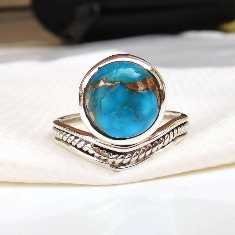 Blauer Türkis Kupferring Handgemachtes 925Er Sterlingsilber von XLjewelry