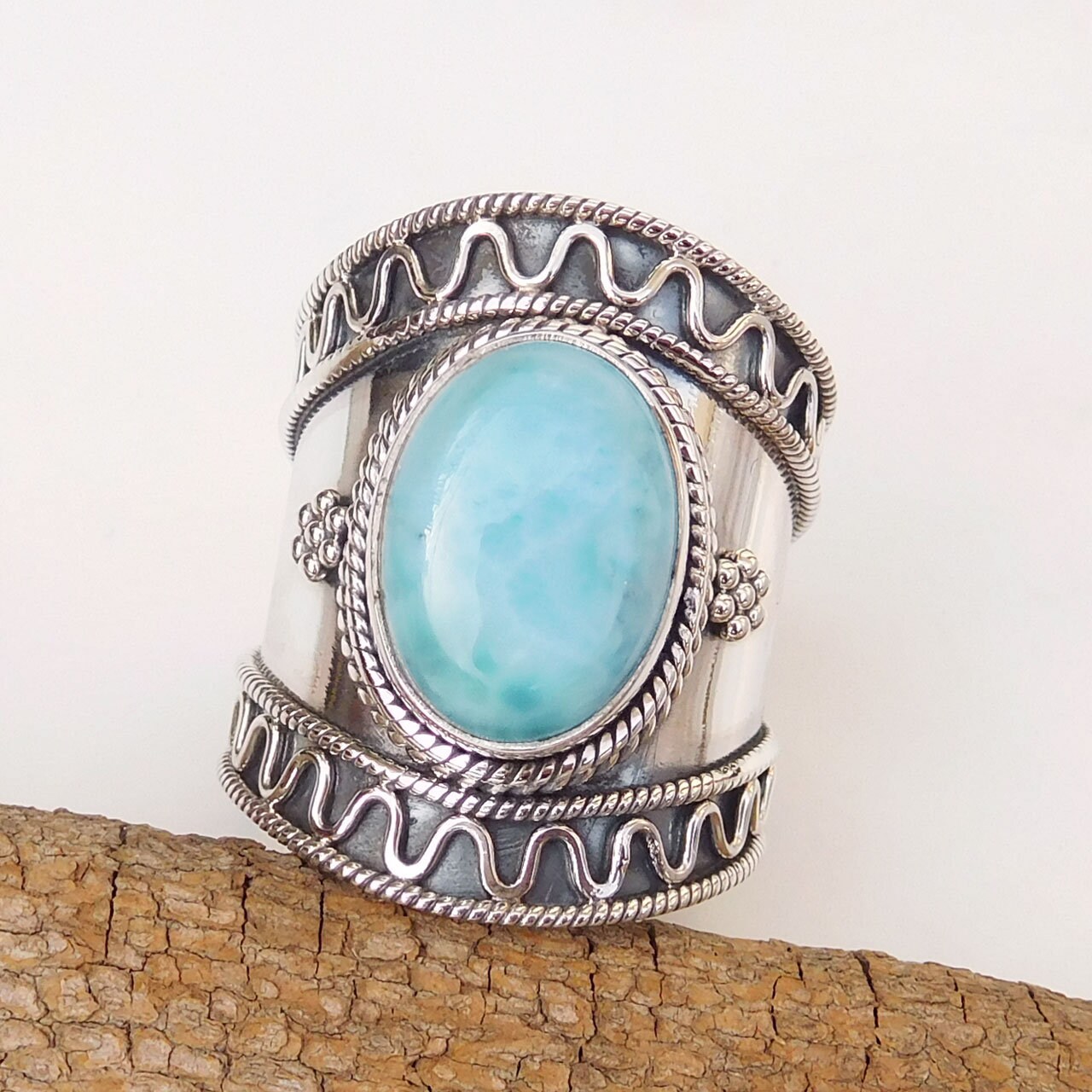 Breitband Larimar Ring Handgefertigter 925 Sterling Silber Edelstein-Ring von XLjewelry