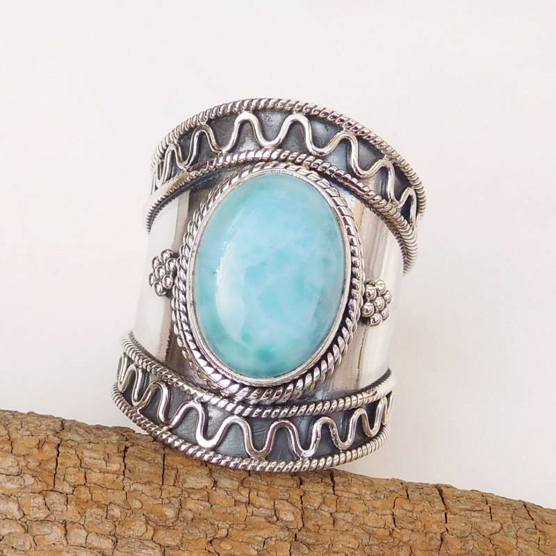 Breitband Larimar Ring Handgefertigter 925 Sterling Silber Edelstein-Ring von XLjewelry