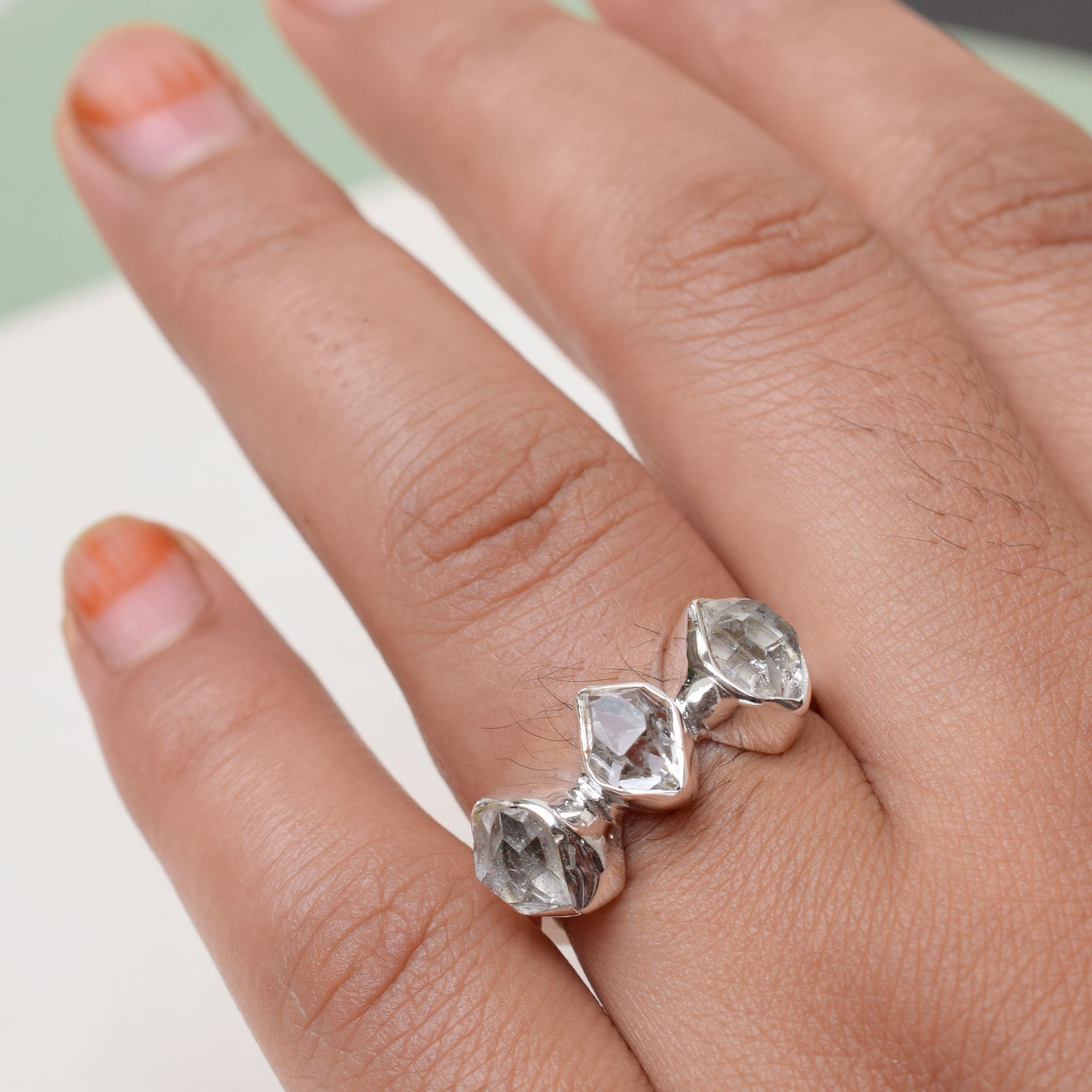 Handgefertigter Herkimer Diamant Ring Roher Kristall, 925 Sterling Silber von XLjewelry