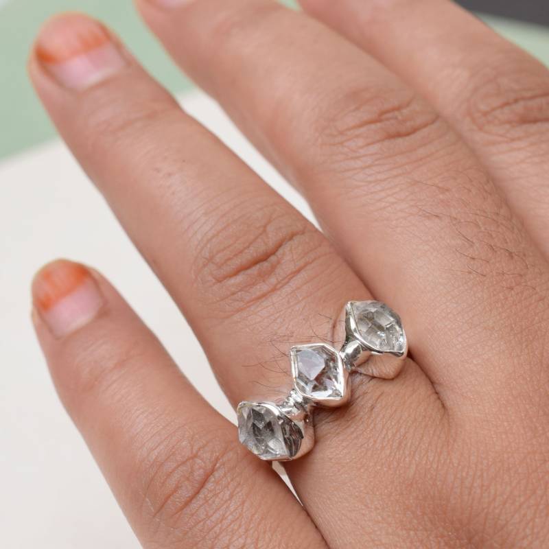 Handgefertigter Herkimer Diamant Ring Roher Kristall, 925 Sterling Silber von XLjewelry