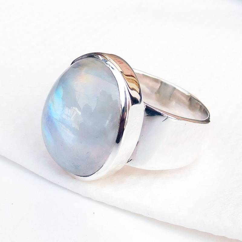 Handgemachter Regenbogen Mondstein Ring Breites Band 925 Sterling Silber von XLjewelry