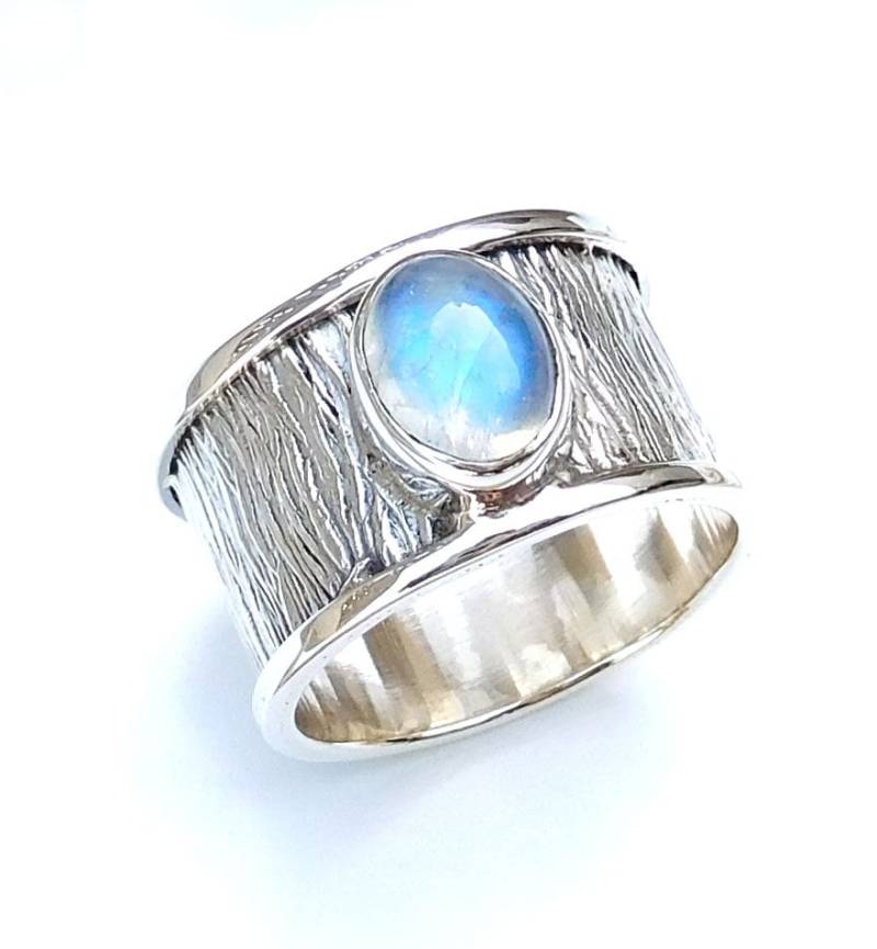 Handgemachte Regenbogen Mondstein Ring, Breite Band 925 Sterling Silber von XLjewelry