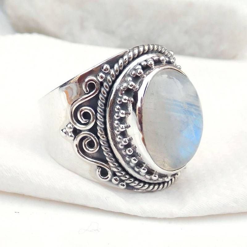 Regenbogen Mondstein Ring Handgefertigter 925 Sterling Silber, Ovaler Edelstein von XLjewelry