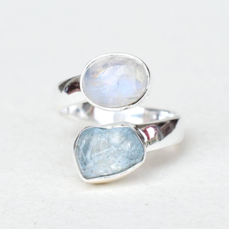 Regenbogen Mondstein & Aquamarin Ring Handgefertigter Ring Aus 925 Sterlingsilber von XLjewelry