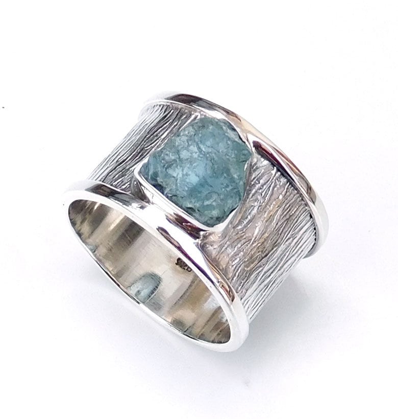 Roher Aquamarin-sterlingsilberring - Breites Band, Herrenschmuck von XLjewelry