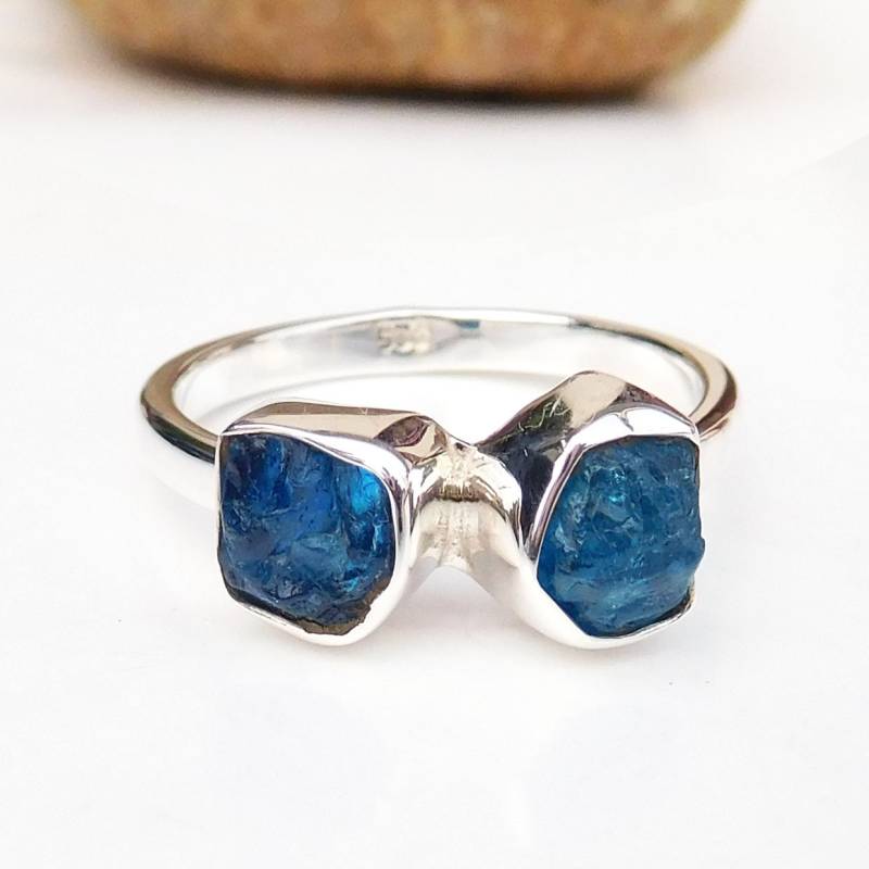 Roher Neon Blauer Apatit-Ring 925Er Sterlingsilber-Kristall von XLjewelry