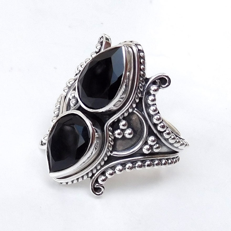 Schwarzer Onyx Sterling Silber Ring Handgemachter Ethno-Stil von XLjewelry
