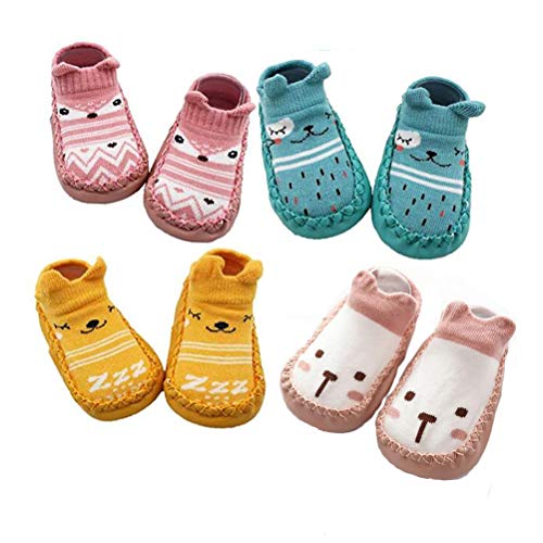 XM-Amigo 4 Paar Baby Rutschfeste Socken Schuhe für Mädchen Hausschuhe mit Anti-Rutsch weiche Sohle Socken 6-12 Monate von XM-Amigo