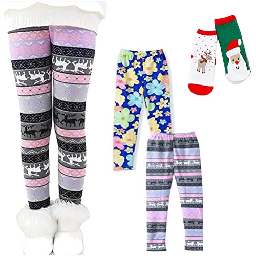 XM-Amigo Mädchen Warme Hosen für Kinder Mädchen Blumendruck Verdickter Samt und Samt Leggings Hirsch Weihnachtsmann Hosen Dicke Weihnachtssocken von XM-Amigo