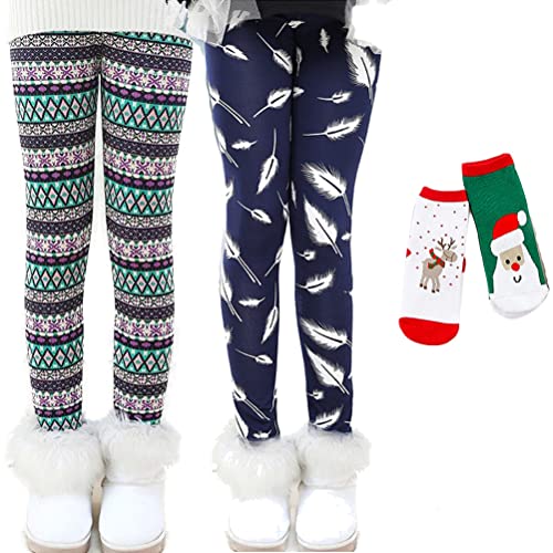 XM-Amigo Mädchen Warme Hosen für Kinder Mädchen Blumendruck Verdickter Samt und Samt Leggings Hirsch Weihnachtsmann Hosen Dicke Weihnachtssocken von XM-Amigo