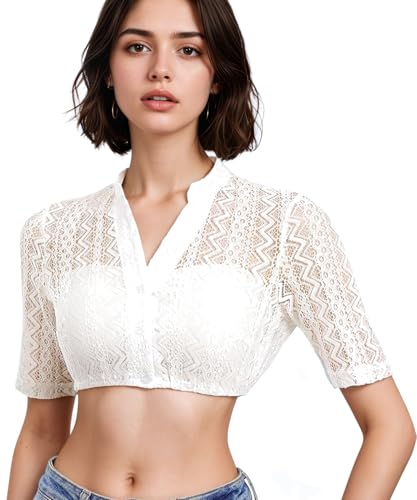 XM-mengpanwei Dirndl Bluse Damen Dirndlbluse Weiß Spitze Trachtenbluse Damen Blusen Traditionelle Oktoberfest Kostüm V-Ausschnitt Dirndlbluse Spitze S-XXL von XM-mengpanwei