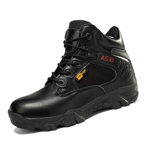 Kampfstiefel für Herren, strapazierfähiges Leder, bequeme Passform, taktische Stiefel für Herren, wasserdicht, kollisionssicher für die Sicherheit bei der Arbeit, Motorradfahren(Black,46 EU) von XMACKEEDGH
