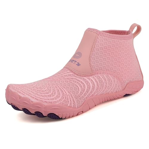 Wasserschuhe für Damen und Herren, schnelltrocknend, atmungsaktiv, Barfuß-Wasserschuhe zum Wandern mit Drainage, für Fitnessstudio, Training, Strand, Schwimmen, Aquapool, Angeln, Kajakfahren(Pink,39 E von XMACKEEDGH