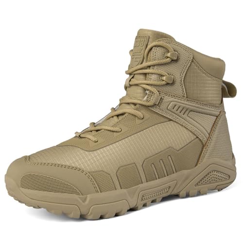 XMACKEEDGH Atmungsaktive Kampfstiefel für Herren, rutschfestes, strapazierfähiges Leder, leichte taktische Herrenstiefel, für Motorrad- und taktische Einsätze beim Wandern(Khaki,41 EU) von XMACKEEDGH