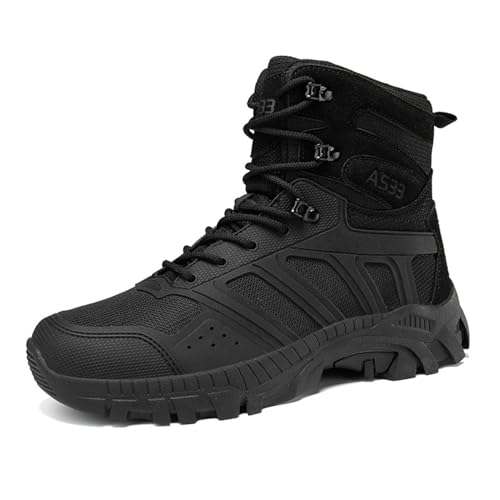 XMACKEEDGH Leichte Kampfstiefel für Herren, für die Sicherheit bei der Arbeit, leicht, wasserdicht, taktische Stiefel für Herren, langlebig, kollisionssicher für schnelles Wandern(Black,46 EU) von XMACKEEDGH