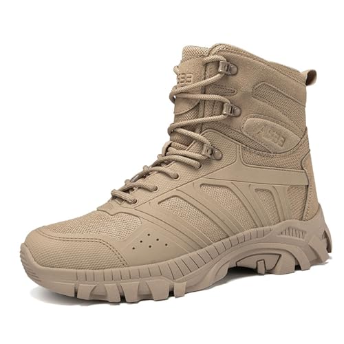XMACKEEDGH Leichte Kampfstiefel für Herren, für die Sicherheit bei der Arbeit, leicht, wasserdicht, taktische Stiefel für Herren, langlebig, kollisionssicher für schnelles Wandern(Khaki,39 EU) von XMACKEEDGH