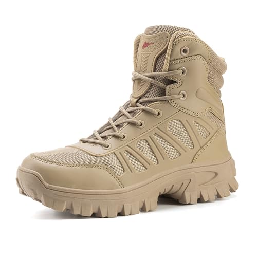 XMACKEEDGH Leichte Kampfstiefel für Herren, wasserdichtes Leder für taktische Einsätze, rutschfest und kollisionssicher für schnelle Reaktionsarbeiten den ganzen Tag(Brown,41 EU) von XMACKEEDGH