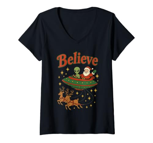 Damen Believe Funny Alien Santa Schlitten Retro Sci Fi Weihnachten T-Shirt mit V-Ausschnitt Damen Believe Funny Alien Santa Schlitten Retro Sci Fi Weihnachten T-Shirt mit V-Ausschnitt von XMAS Alien Science Fiction Christmas UFO Design
