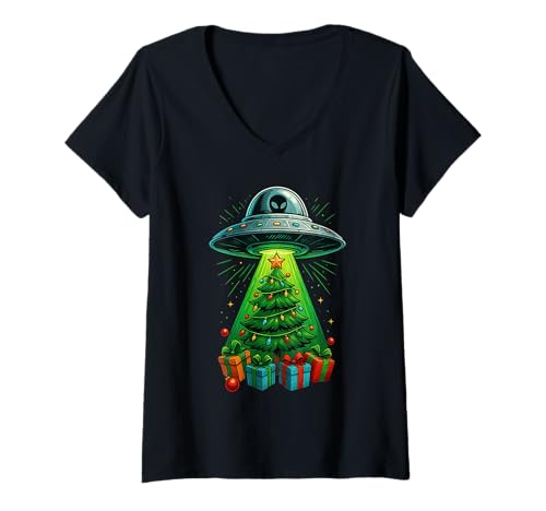 Damen Lustige Alien UFO Invasion Weihnachten Sci-Fi Xmas T-Shirt mit V-Ausschnitt Damen Lustige Alien UFO Invasion Weihnachten Sci-Fi Xmas T-Shirt mit V-Ausschnitt von XMAS Alien UFO Cute Funny Science Design