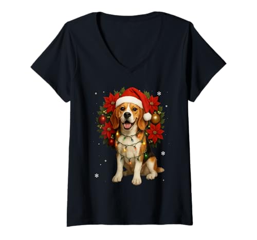 Damen Niedlicher Beagle, Weihnachtsmannmütze, Mistelzweig, Kranz, Weihnachtshund T-Shirt mit V-Ausschnitt Damen Niedlicher Beagle, Weihnachtsmannmütze, Mistelzweig, Kranz, Weihnachtshund T-Shirt mit V-Ausschnitt von XMAS Animal Beagle Dog Festive Holidays Design