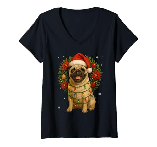 Damen Weihnachtskranz mit niedlichem Mops, festlich, für Weihnachten T-Shirt mit V-Ausschnitt Damen Weihnachtskranz mit niedlichem Mops, festlich, für Weihnachten T-Shirt mit V-Ausschnitt von XMAS Animal Mistletoe Wreath Christmas Pug