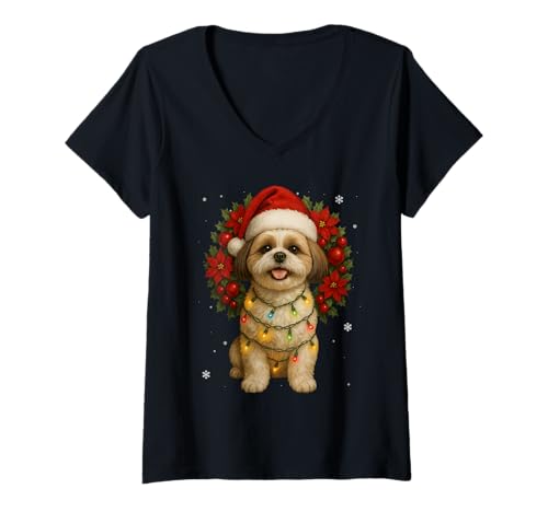 Damen Niedlicher Shih Tzu Weihnachtskranz mit Mistelzweig, Weihnachten T-Shirt mit V-Ausschnitt Damen Niedlicher Shih Tzu Weihnachtskranz mit Mistelzweig, Weihnachten T-Shirt mit V-Ausschnitt von XMAS Animal Shih Tzu Dog Festive Holidays Design