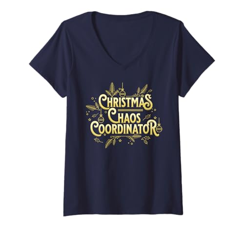 Damen Weihnachtliches Chaos Koordinator Mama Lustiger Urlaub Mütter Pyjama T-Shirt mit V-Ausschnitt von XMAS Chaos Coordinator Family PJ Loungewear Design
