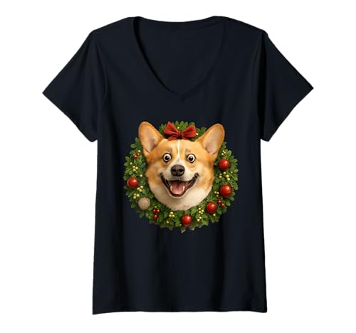 Damen Niedlicher Corgi-Weihnachtskranz mit lustigem Weihnachts-Hund T-Shirt mit V-Ausschnitt Damen Niedlicher Corgi-Weihnachtskranz mit lustigem Weihnachts-Hund T-Shirt mit V-Ausschnitt von XMAS Corgi Christmas Dog Festive Animal Design