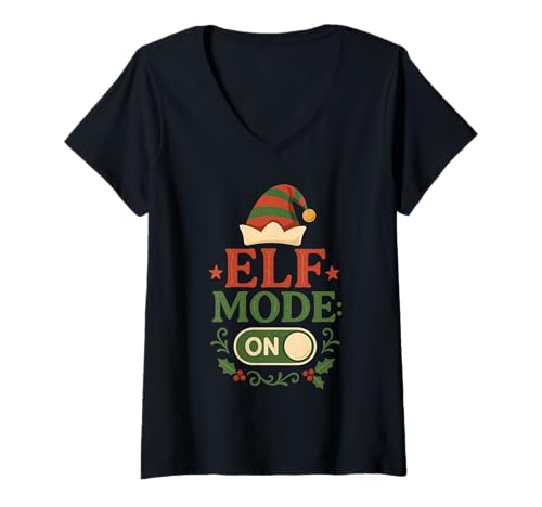 Damen Lustiger Familien-Weihnachtspyjama mit Elfenmodus T-Shirt mit V-Ausschnitt Damen Lustiger Familien-Weihnachtspyjama mit Elfenmodus T-Shirt mit V-Ausschnitt von XMAS Elf Pajama Short People Christmas Design