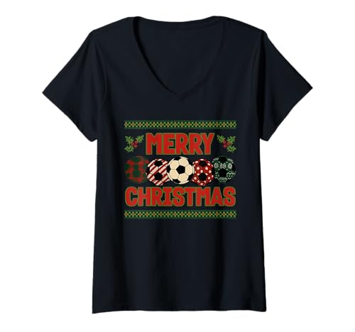 Damen Festlicher Weihnachtspullover mit Fußballmotiven T-Shirt mit V-Ausschnitt von XMAS Soccer Player Christmas Holidays Design