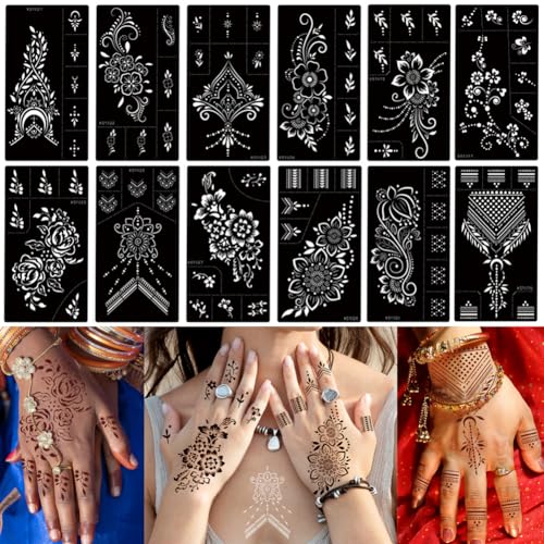Temporäre Tattoos Schablone Set, 12 Blatt Henna Tattoo Schablone Indischer Arabischer Hände Tattoo Fuß Tattoo Vorlagen für Frauen Finger Körper von XMASIR
