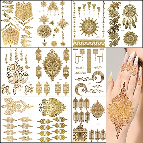 XMASIR 10 Blatt Gold Temporäre Tattoos Aufkleben Damen Flash Glitzer Goldene, Metallic Festival Accessoires Party Zubehör Frauen Mädchen Haut Klebetattoos Erwachsene (10P) von XMASIR