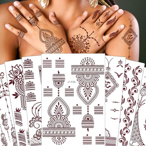 XMASIR 12 Blätter Mehndi 2024 Braun Tattoos Aufkleber Temporäre Tattoos Set Wasserfest Fake Tattoo Aufkleber für Hand Arm Erwachsene Frauen Mädchen von XMASIR