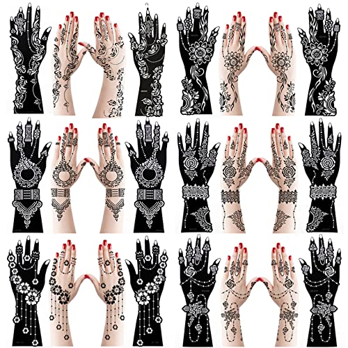 XMASIR 12 Blatt Tattoo Schablone Hand Temporäre Tattoo Kit Vorlagen, Indian Arabian Selbstklebende Tattoo Aufkleber für Hand Body Art Paint für Erwachsene Frauen Teenager Mädchen von XMASIR