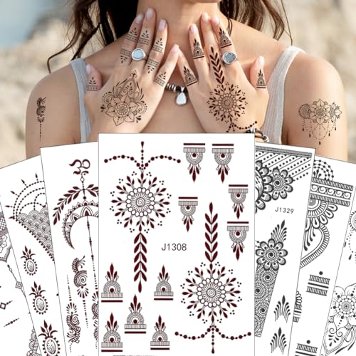 XMASIR 12 Blätter Mehndi 2024 Braun Tattoos Aufkleber Temporäre Tattoos Set Wasserfest Fake Tattoo Aufkleber für Hand Arm Erwachsene Frauen Mädchen von XMASIR