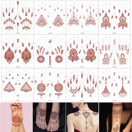 XMASIR 12 Blätter/12 Paare Braun Henna Tattoos Aufkleber für Hand, Wasserfest Fake temporäre Tattoo Schablone indische Tattoos Aufkleber für Erwachsene Frauen Mädchen von XMASIR